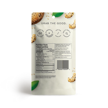 Handfuel Everything Bagel Cashews (40g) - Handfuel Everything Bagel Cashews 40g package back with Canadian-made handmade gourmet food gift design.