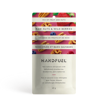 Handfuel Raw Nuts & Wild Berries (40g) - Handfuel Raw Nuts & Wild Berries 40g package with red and white design, unique Canadian handmade gourmet gift.