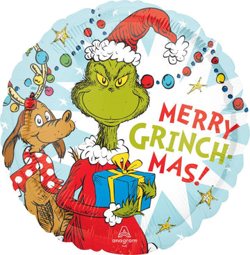 Christmas Foil Balloons (various styles) - Round foil balloon with the Grinch in a red Santa suit holding a blue gift, accompanied by a reindeer, with "Merry Grinch.