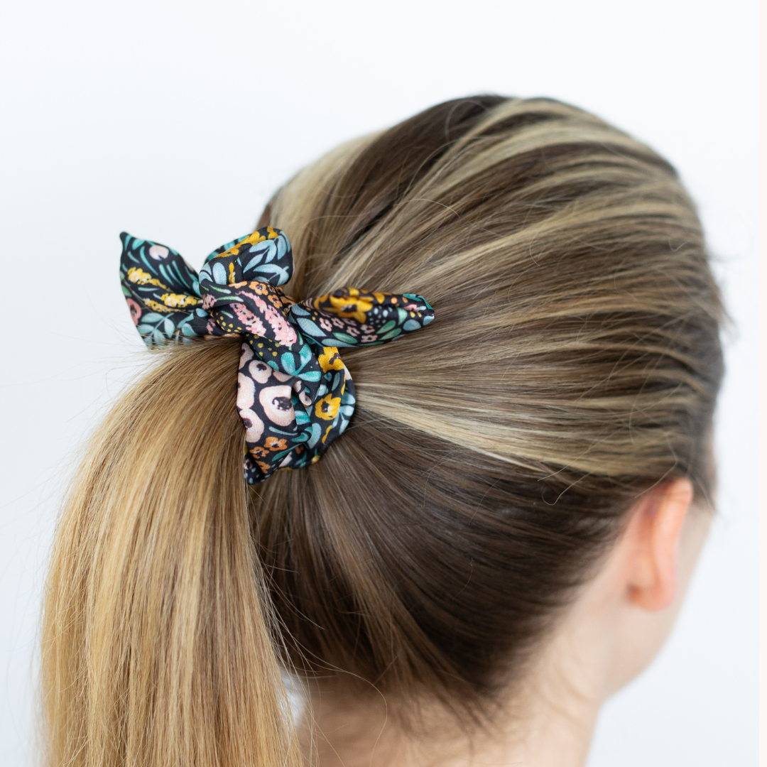 Black Floral Satin Scrunchie - 0