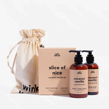 Slice Of Nice - Coconut Vanilla Kit Bundle - Handmade Canadian Coconut Vanilla spa gift bundle with body wash, body lotion, and drawstring pouch.