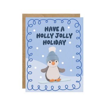 Holly Jolly Holiday Snowboard Penguin - Christmas Card