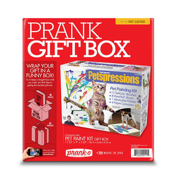 Prank Gift Box Pet Paint Kit - Red Prank Gift Box packaging featuring a unique, handmade Canadian pet paint kit gift design.