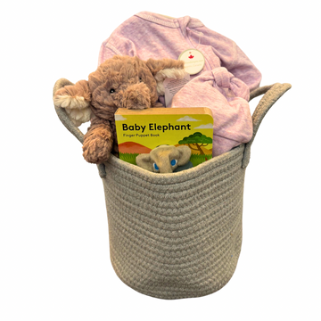 New Baby Girl Gift Basket - purple - Handmade Canadian gift basket with soft purple baby clothes, plush bear, and Baby Elephant board book.