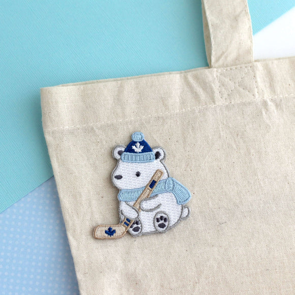 Polar Bear Playing Hockey Embroidered Patch - Maple Leaf Hat