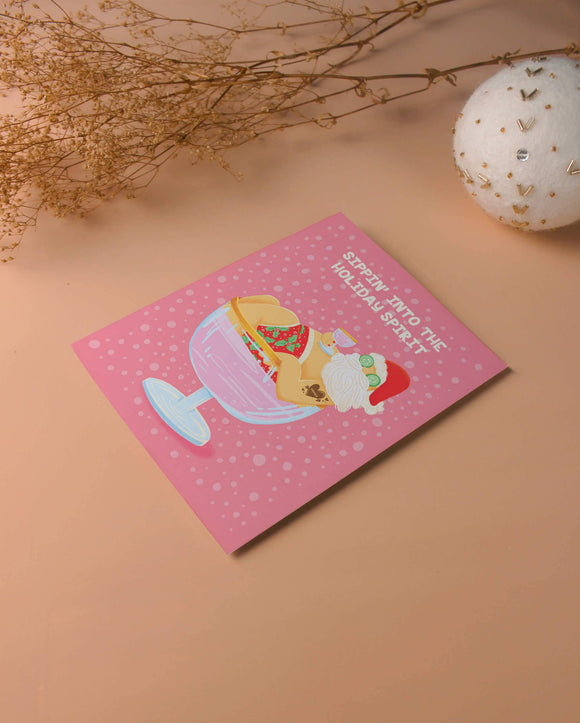 Sipping Into The Spirit Santa - Illustrated Holiday Card