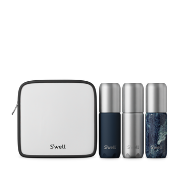 Azurite Travel Bottle Set - Azurite Travel Bottle Set with white zippered case and three reusable bottles in navy, silver, and blue stone pattern,.