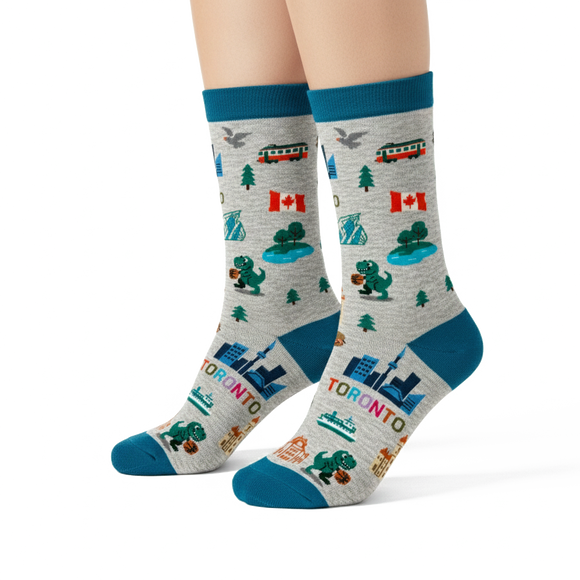 Women's Toronto Canada Crew Socks with City Skyline Landmarks and Travel Icons