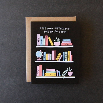 One for the Books Birthday Card - Handmade Canadian birthday card with colorful bookshelf design and brown envelope, unique gift idea.