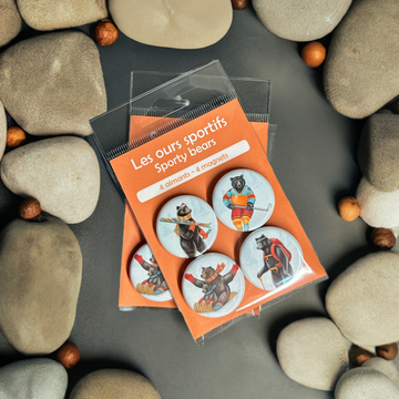 Sporty Bears Fridge Magnets (set of 4) - Set of 4 handmade Canadian fridge magnets featuring unique sporty bear illustrations, perfect gift.