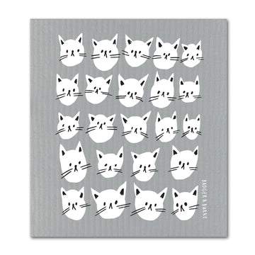 Many Cats Sponge Cloth - Gray sponge cloth with 20 white cat faces in a grid, unique handmade Canadian gift tea towel.