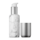 Onyx Travel Bottle Set - White marble-patterned travel bottle with silver pump and detachable brushed metal cap, compact size.