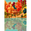 Villager Puzzles | Muskoka Leaves | 500-Piece Puzzle for Adults - Colorful autumn forest scene with a cabin, reflecting a unique Canadian handmade puzzle gift.