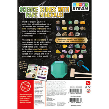 STEAM Lab: Ultimate Gemstone and Dig Kit - STEAM Lab gemstone and dig kit packaging featuring rare mineral samples, tools, and colorful crystals, unique Canadian.