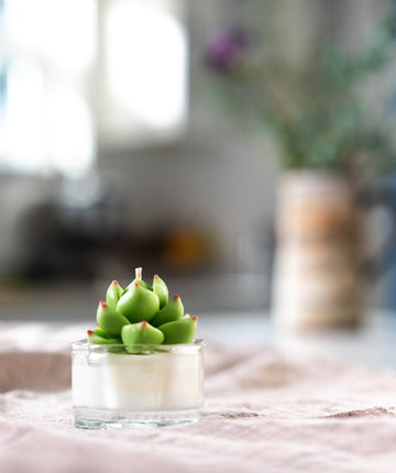 Succulent Tealight Candles | Soy Wax Blend - Handmade Canadian succulent tealight candle with green wax petals in clear glass holder, unique gift design.