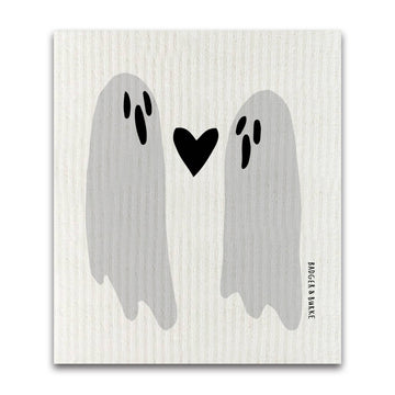 Ghosts Sponge Cloth - White sponge cloth with two gray ghosts and a black heart, handmade Canadian gift towel.