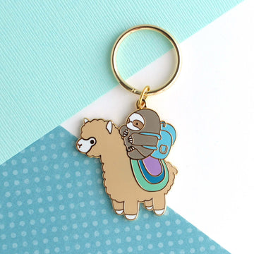 Sloth and Alpaca Adventurer Enamel Keychain (Gold)