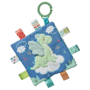 Taggies Crinkle Me - Drax Dragon - Square blue fabric baby toy with green dragon applique, colorful tag loops, and a green clip, handmade gift.