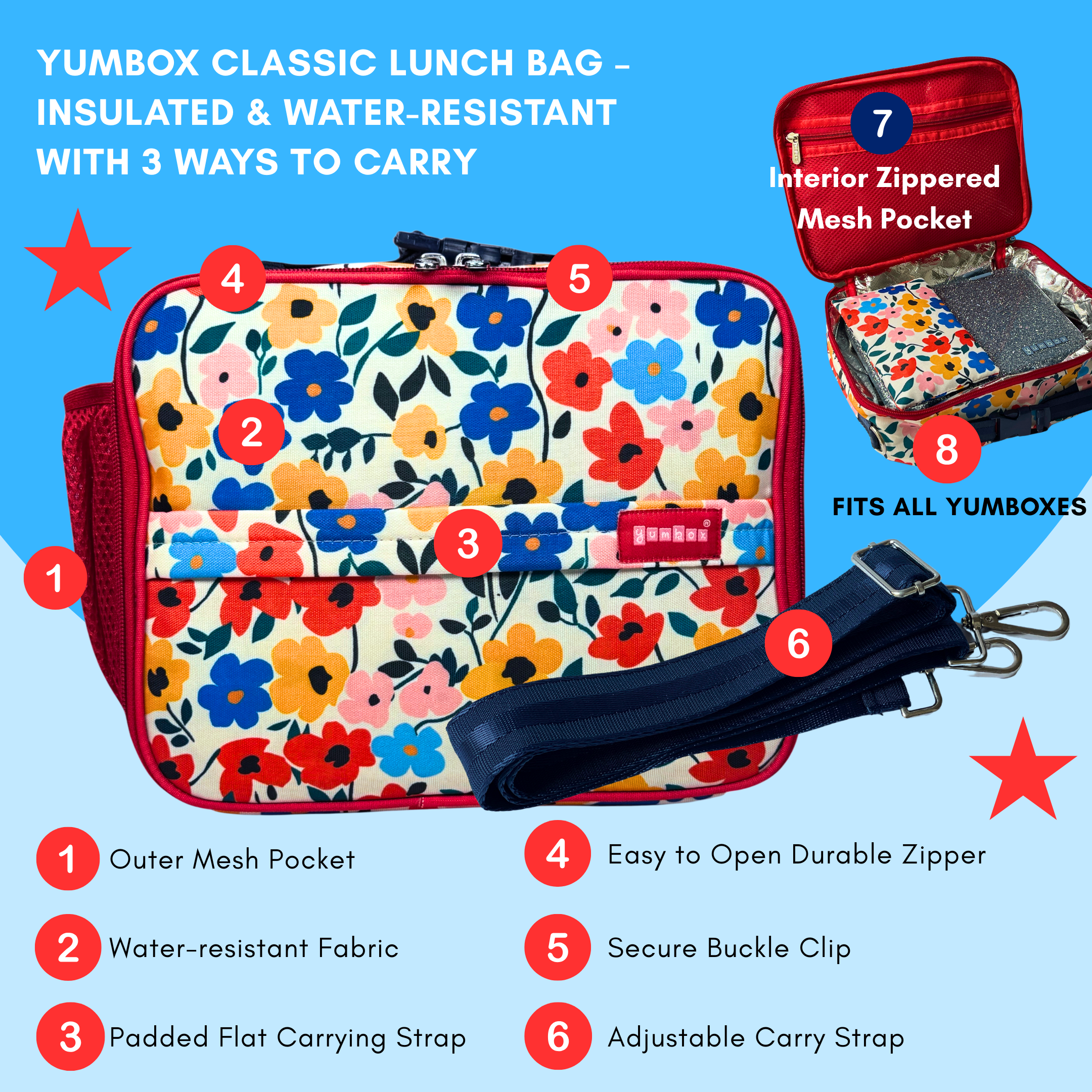 Yumbox Classic Lunch Bag – Insulated Poppy Flowers Print Lunch Tote for Stylish Kids & Adults