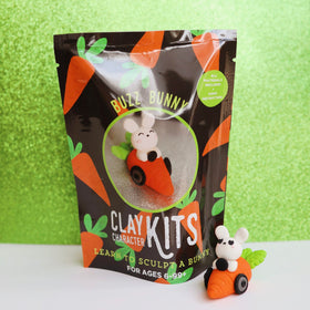 Clay Character Kits - Handmade Canadian Buzz Bunny clay character kit with small carrot car, unique gift packaging.