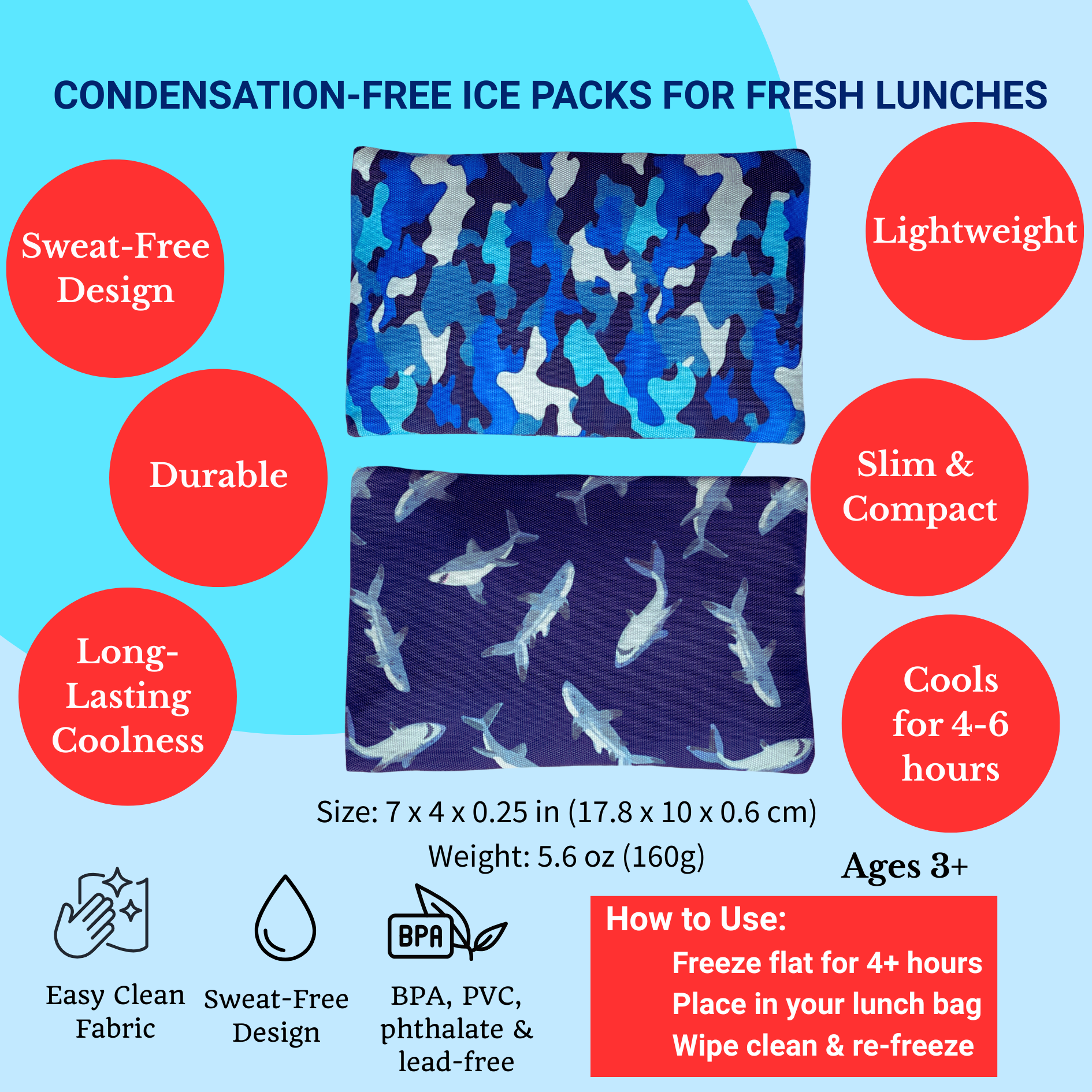 Gel Ice Packs in Fabric Sleeves 2-Pack - Sharks & Camouflage - 0