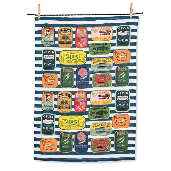 Sardine Tins on Stripes Kitchen Towel