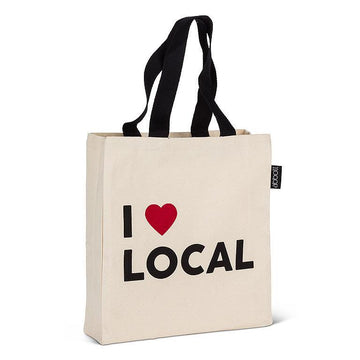 I Love Local Tote Bag - Canvas tote bag with black handles, "I ♥ LOCAL" print, unique handmade Canadian gift.