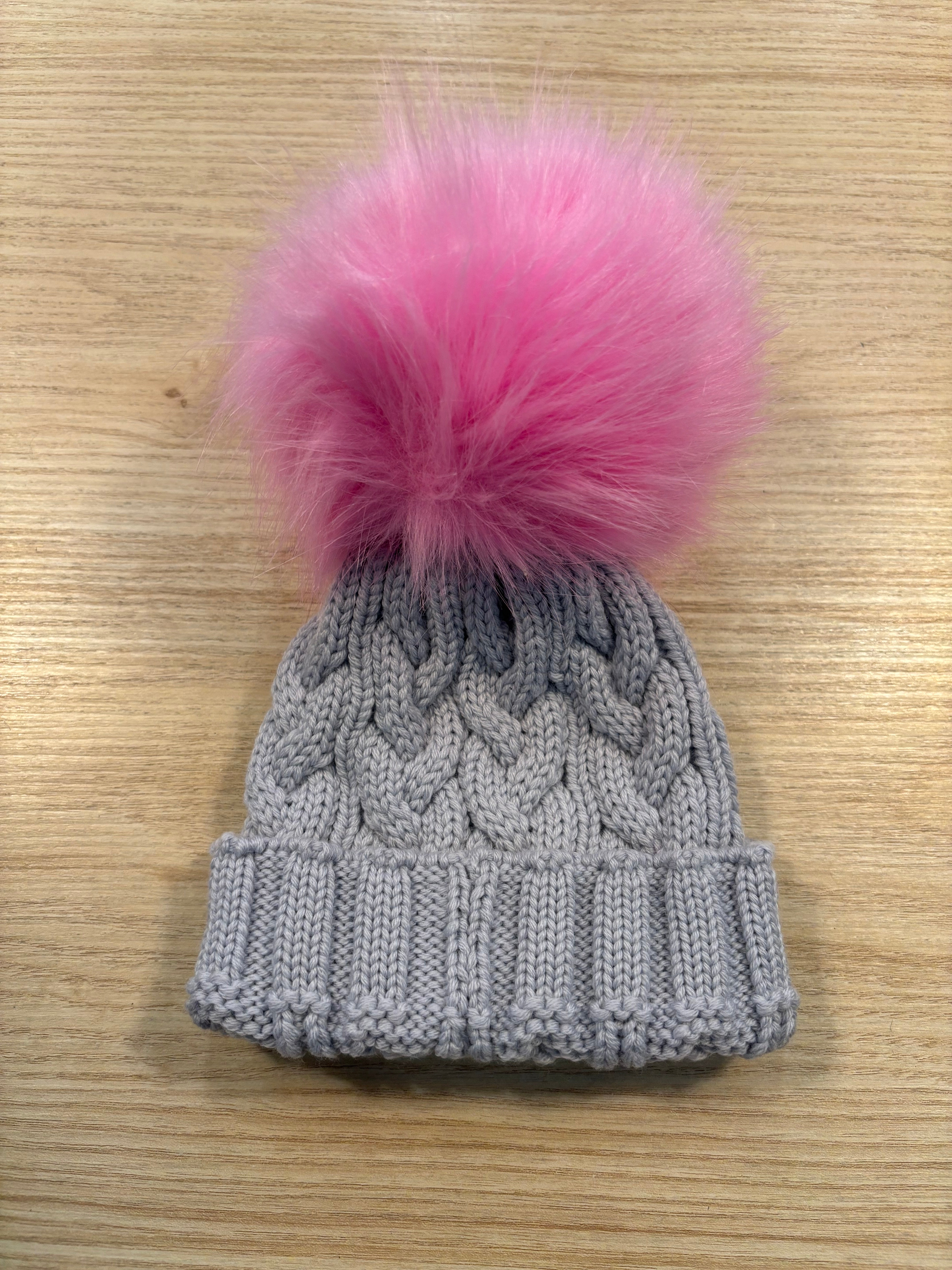 Infant Cable Knit Hat with Faux Fur Pom (various colours) - 0