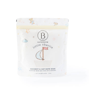Little Charlie Baby Bath Soak 250g - White resealable pouch of Little Charlie Baby Bath Soak with playful cloud and animal illustrations, unique handmade.