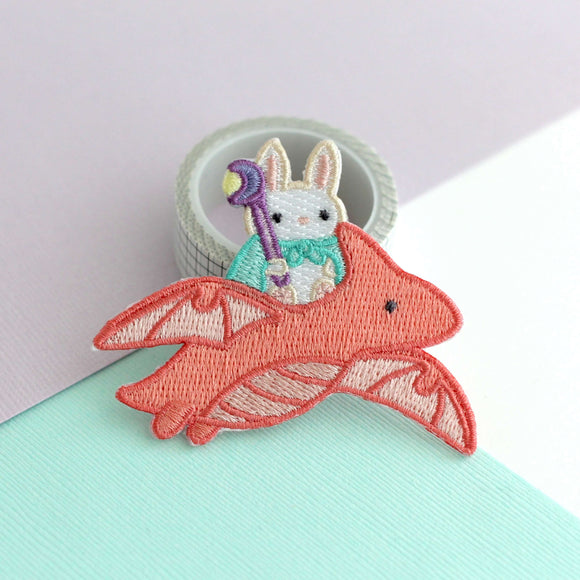 Bunny Mage Riding Dragon Embroidered Iron-On Patch