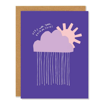 Rain or Shine Card - Purple handmade greeting card with pink sun and cloud rain design, unique Canadian gift.