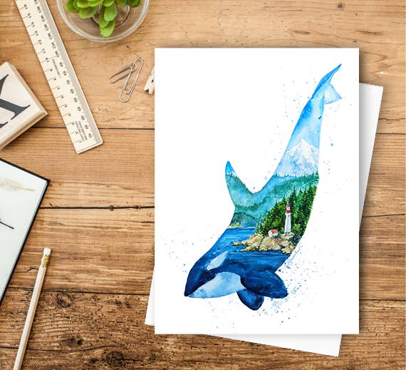 Beacon Orca Killer Whale Coastal Watercolor Art Card