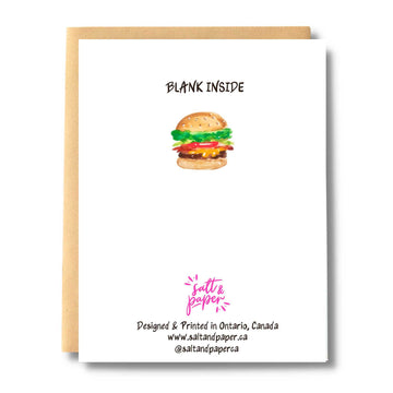 Burger with Candle Happy Birthday Card - Handmade birthday card featuring a unique burger with a candle illustration, Canadian gift design.