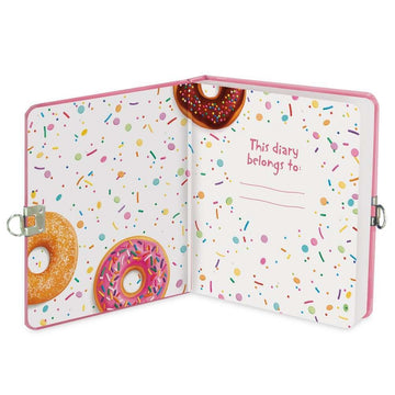 Donut Diary - Open pink-bound diary with colorful sprinkles and donut illustrations on pages, featuring a section to write ownership.