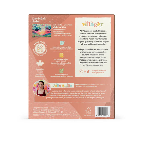 Villager Puzzles | Daybreak | 1000-Piece Puzzle for Adults - Villager Puzzles Daybreak 1000-piece jigsaw puzzle box with soft peach background and descriptive text.
