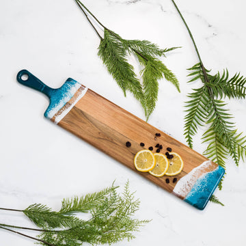 Resin Cheese board / Charcuterie Board - Baguette 5"x24" - Handmade Canadian resin cheese board with ocean waves design and natural wood, unique gift.