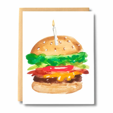 Burger with Candle Happy Birthday Card - Handmade Canadian birthday card featuring watercolor burger with candle, unique gift design.