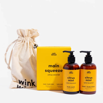 Main Squeeze - Citrus Mint Kit Bundle - Handmade Canadian spa kit with citrus mint body wash and body scrub in amber bottles, unique gift set with yellow box and.