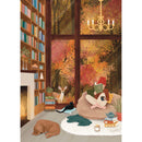 Villager Puzzles | Dream Library | 1000-Piece Puzzle for Adults - Cozy library scene puzzle with autumn window view, dog and person reading, handmade Canadian gift.