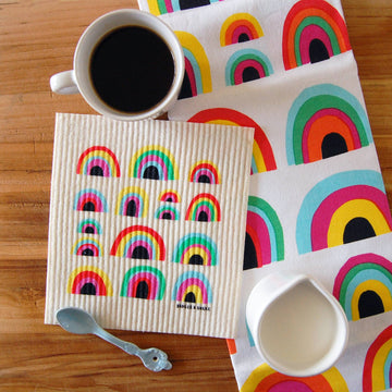 Rainbow Sponge Cloth - Colorful rainbow-patterned handmade Canadian sponge cloth and tea towel, perfect unique gift.