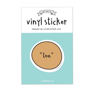 "Tea." Vinyl Sticker - Round vinyl sticker with the word "tea." in lowercase on a brown background, unique handmade Canadian gift accessory.