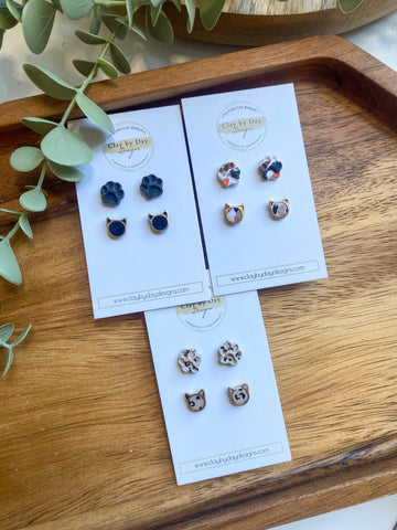 Cat & Paw Stud 2 - Polymer Clay Earrings