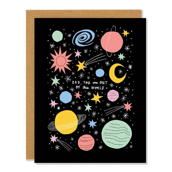 Out of this World Dad Card - Handmade Canadian birthday and Father’s Day card with colorful planets and stars, unique gift for Dad.
