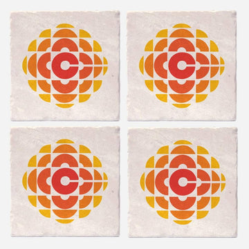 CBC Retro Gem 1974 to 1986 Logo Coasters - Set of four handmade Canadian coasters featuring unique retro CBC logo in orange and red tones on natural stone background,.
