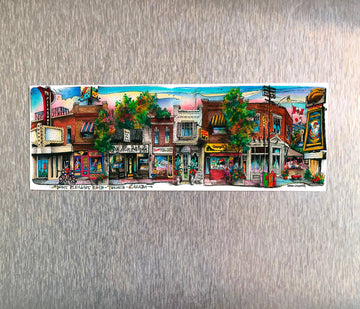 Mount Pleasant Neighbourhood Fridge Magnet - Handmade colorful Mount Pleasant neighborhood fridge magnet showcasing Canadian street scene, unique gift accessory.