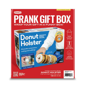 Prank Gift Box Donut Holster - Red prank gift box labeled Donut Holster with humorous donut hole holder design, unique Canadian handmade gift packaging.