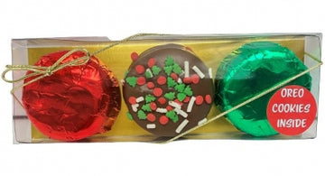 Christmas Milk Chocolate Covered Oreo Cookies 3pc - Handmade Canadian Christmas milk chocolate covered Oreo cookies gift set with festive red, green, and decorated chocolates.