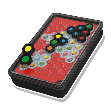 Ingenious: Single-Player Travel Edition - Ingenious travel edition game with hexagonal tiles and wooden pieces in black, yellow, and blue, unique Canadian gift.