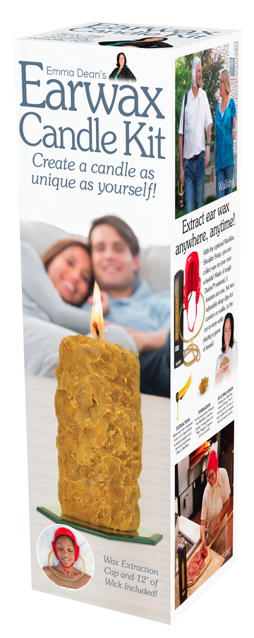 Prank Gift Bottle Box: Earwax Candle Kit - Tall rectangular white box featuring a textured yellow candle resembling earwax and playful text for a unique handmade.