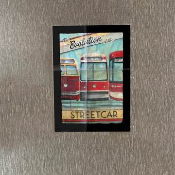 Toronto Streetcar Evolution Fridge Magnet | Rob Croxford - Toronto streetcar evolution fridge magnet with vintage red and cream transit cars, unique handmade Canadian gift.